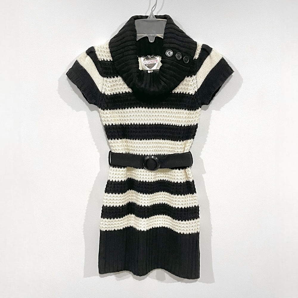 CherryStix Striped Short Sleeve Triple Button Cowl Neck Belted Sweater Dress